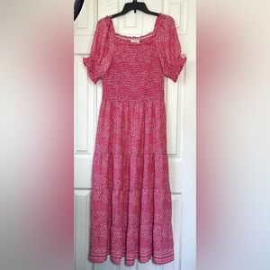 Max Studio NWT Peasant Maxi Dress Boho Smocked Butterfly Hot Pink White XL